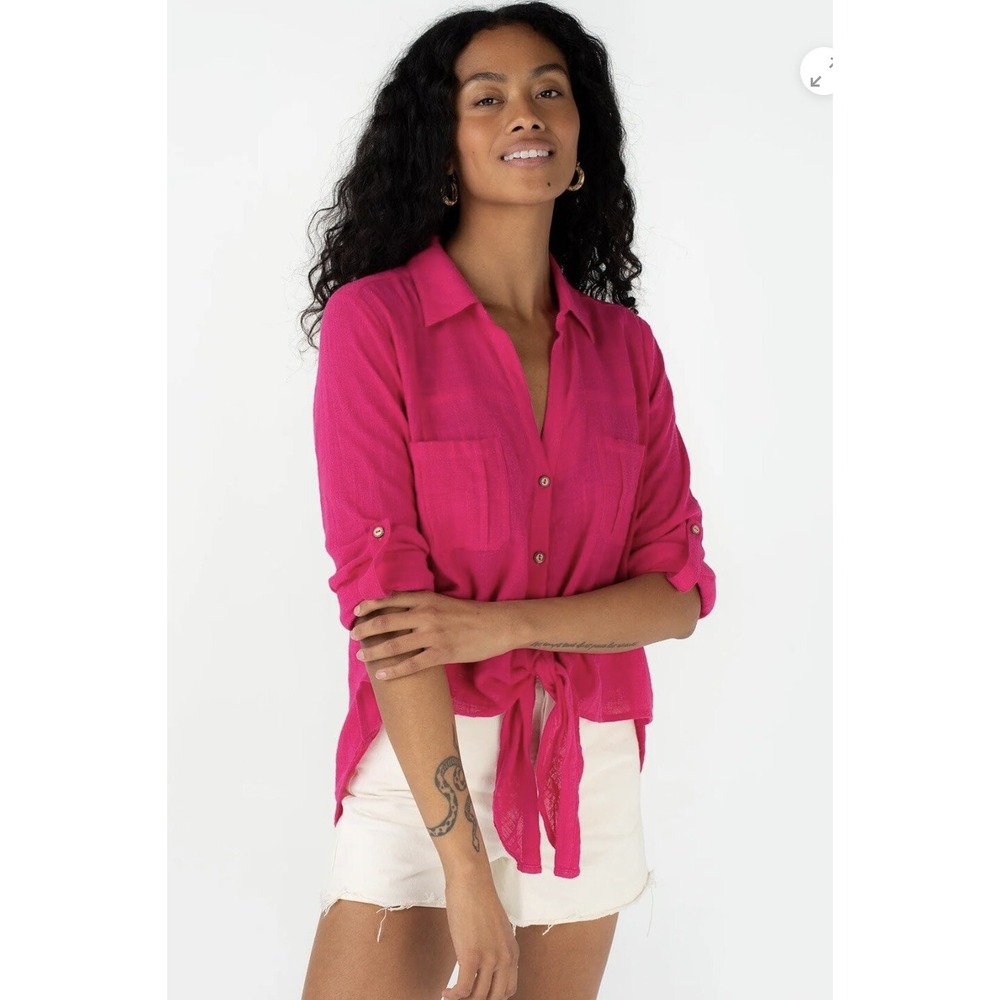Lovestitch Pink Boho Tie Front Roll Tab Sleeve Soft Tencel Buttonโ Up Blouse L